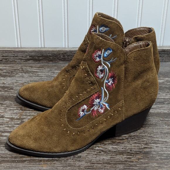 Carlos Women's Brown Embroidered Leather Upper Cowboy Ankle Boots Size 6.5 M - Picture 3 of 7